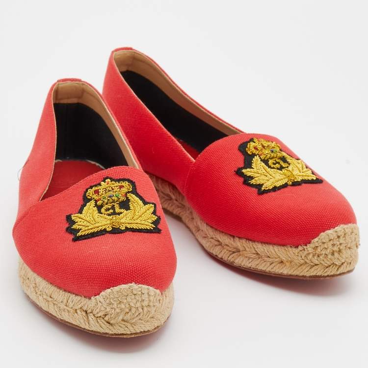 Pre Owned Christian Louboutin Red Gala Embroidered Crest Espadrille Loafers Size 36