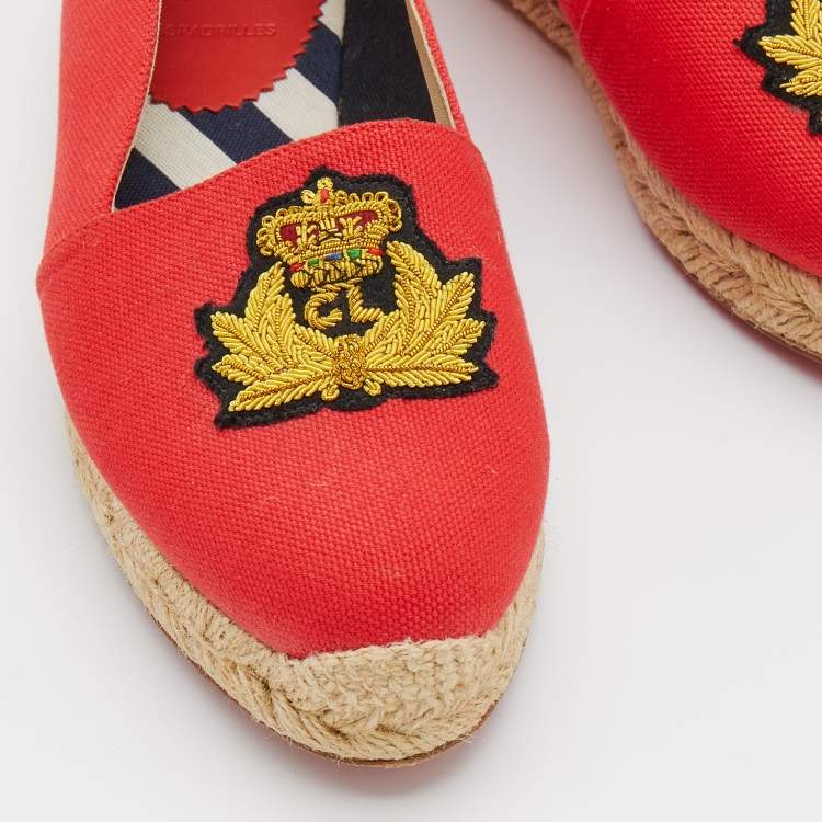 Pre Owned Christian Louboutin Red Gala Embroidered Crest Espadrille Loafers Size 36