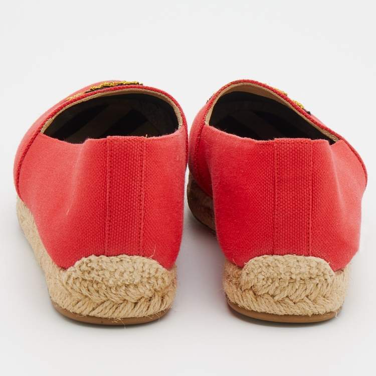 Pre Owned Christian Louboutin Red Gala Embroidered Crest Espadrille Loafers Size 36