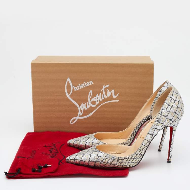 Pre Owned Christian Louboutin Metallic Silver/Gold Lurex Fabric Iriza D'orsay Pointed Toe Pumps Size 39.5