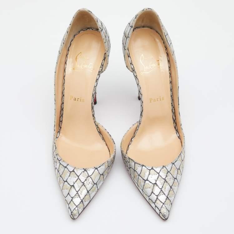 Pre Owned Christian Louboutin Metallic Silver/Gold Lurex Fabric Iriza D'orsay Pointed Toe Pumps Size 39.5