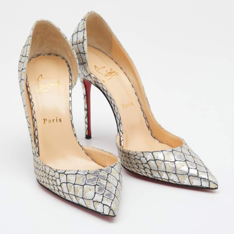 Pre Owned Christian Louboutin Metallic Silver/Gold Lurex Fabric Iriza D'orsay Pointed Toe Pumps Size 39.5