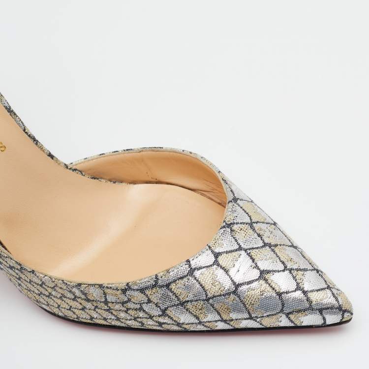 Pre Owned Christian Louboutin Metallic Silver/Gold Lurex Fabric Iriza D'orsay Pointed Toe Pumps Size 39.5