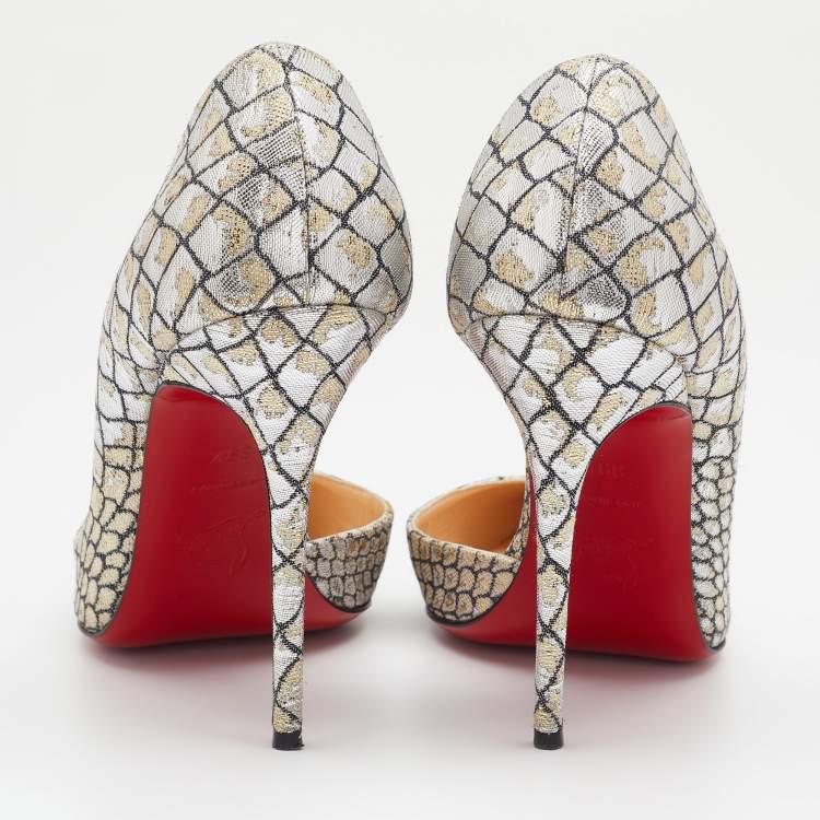 Pre Owned Christian Louboutin Metallic Silver/Gold Lurex Fabric Iriza D'orsay Pointed Toe Pumps Size 39.5