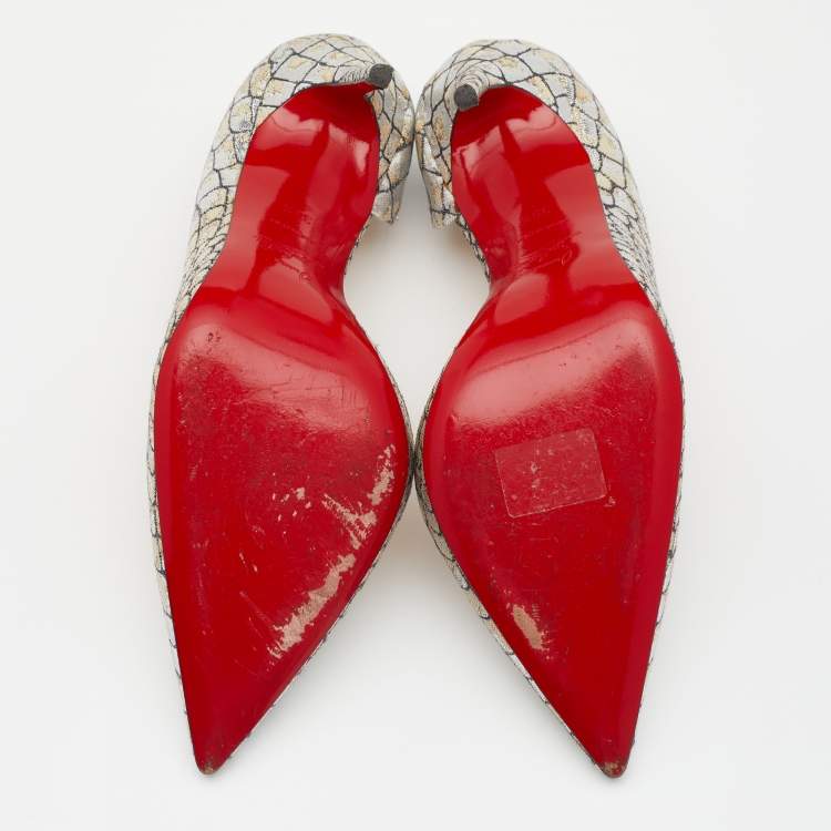 Pre Owned Christian Louboutin Metallic Silver/Gold Lurex Fabric Iriza D'orsay Pointed Toe Pumps Size 39.5