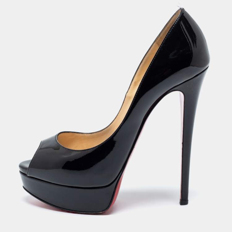 Pre Owned Christian Louboutin Black Patent Leather Lady Peep Platform Pumps Size 38.5