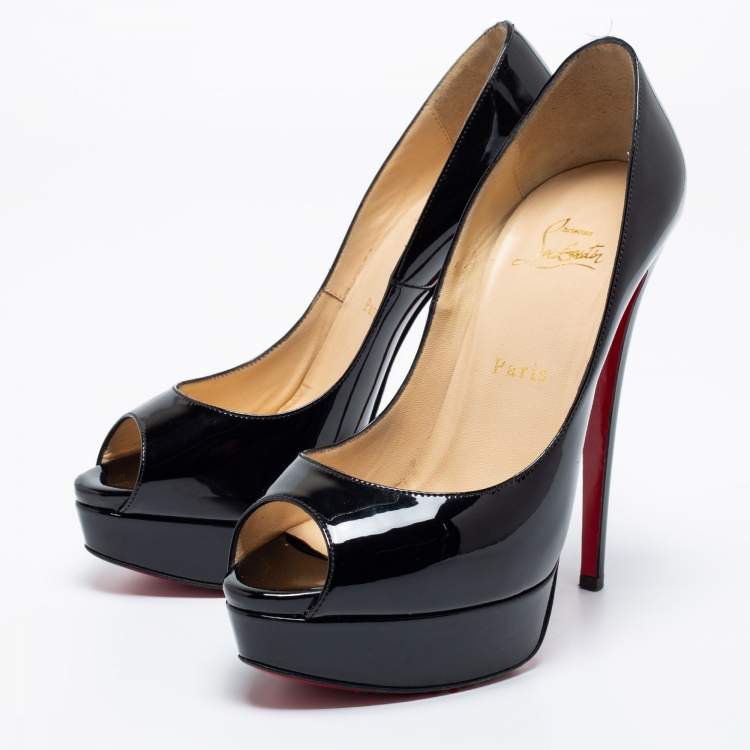 Pre Owned Christian Louboutin Black Patent Leather Lady Peep Platform Pumps Size 38.5