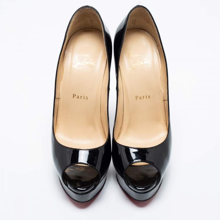 Pre Owned Christian Louboutin Black Patent Leather Lady Peep Platform Pumps Size 38.5