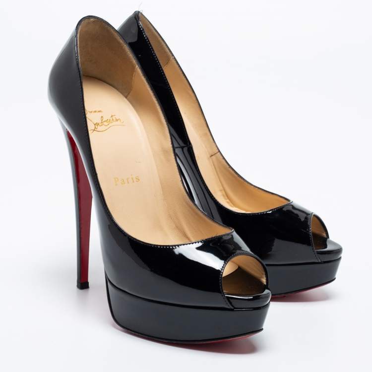 Pre Owned Christian Louboutin Black Patent Leather Lady Peep Platform Pumps Size 38.5