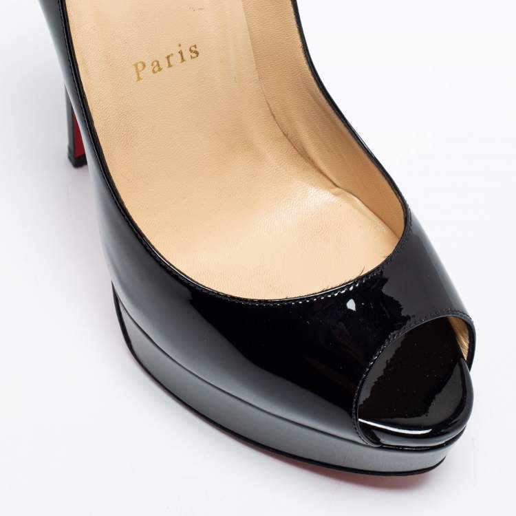Pre Owned Christian Louboutin Black Patent Leather Lady Peep Platform Pumps Size 38.5