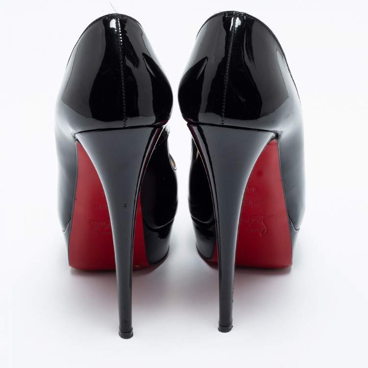 Pre Owned Christian Louboutin Black Patent Leather Lady Peep Platform Pumps Size 38.5
