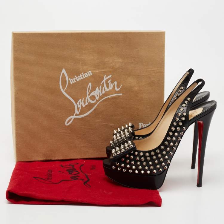 Pre Owned Christian Louboutin Black Leather  Clou Noeud Studded Slingback Sandals Size 39