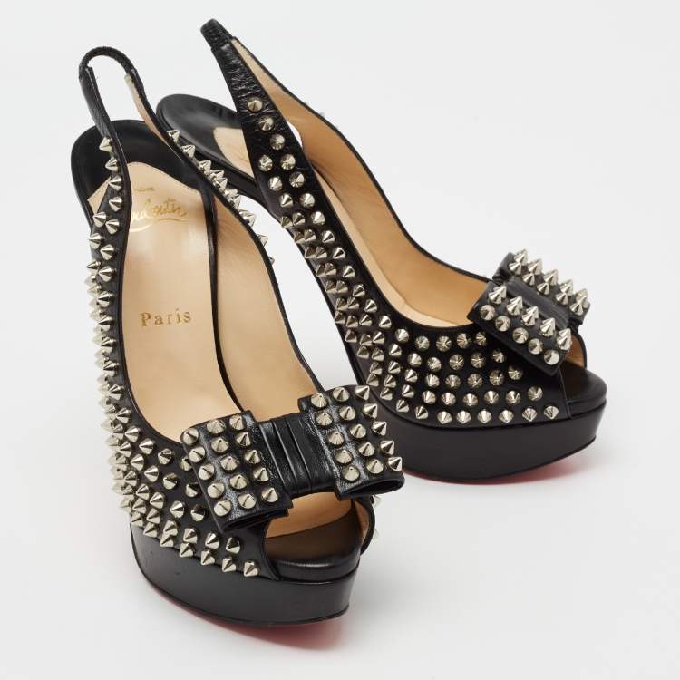 Pre Owned Christian Louboutin Black Leather  Clou Noeud Studded Slingback Sandals Size 39