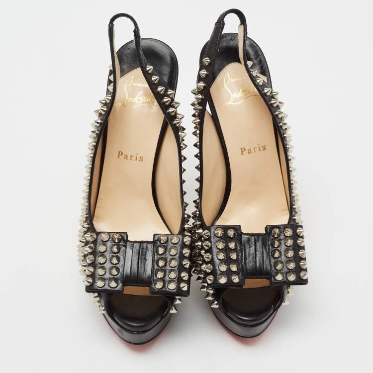 Pre Owned Christian Louboutin Black Leather  Clou Noeud Studded Slingback Sandals Size 39