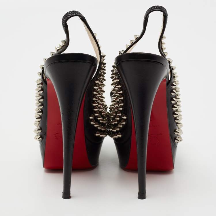 Pre Owned Christian Louboutin Black Leather  Clou Noeud Studded Slingback Sandals Size 39