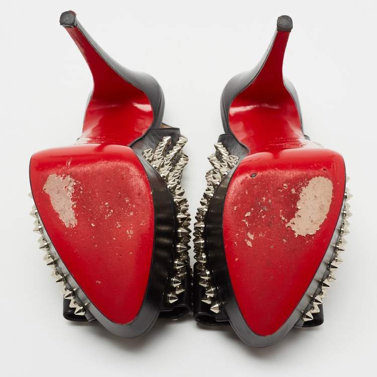Pre Owned Christian Louboutin Black Leather  Clou Noeud Studded Slingback Sandals Size 39