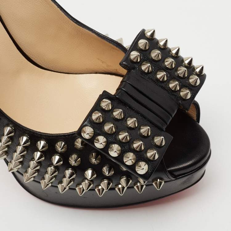 Pre Owned Christian Louboutin Black Leather  Clou Noeud Studded Slingback Sandals Size 39