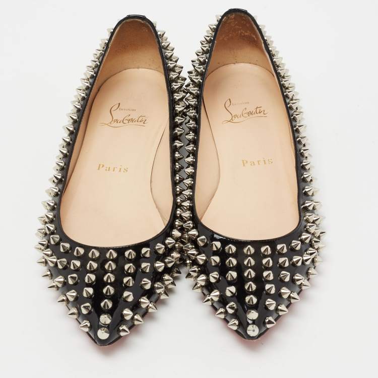 Pre Owned Christian Louboutin Black Patent Leather Pigalle Spikes Ballet Flats Size 36.5