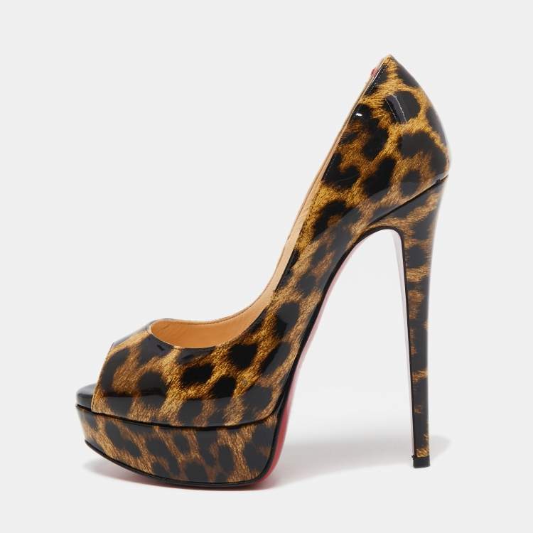 Pre Owned Christian Louboutin Brown/Black Leopard Print Patent Leather Lady Peep Platform Pumps Size 35.5