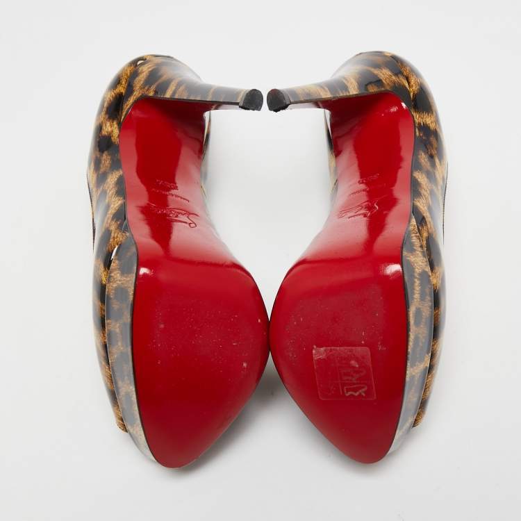 Pre Owned Christian Louboutin Brown/Black Leopard Print Patent Leather Lady Peep Platform Pumps Size 35.5