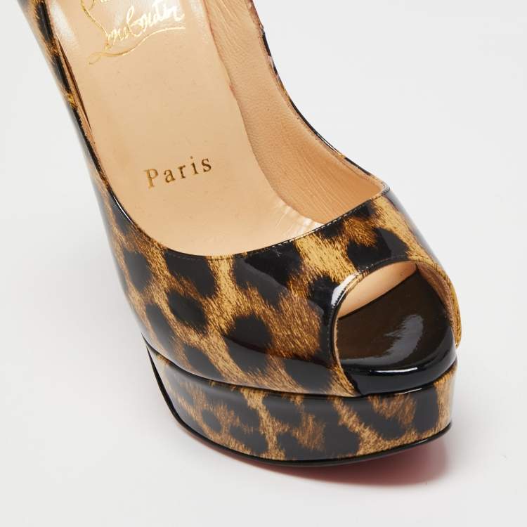 Pre Owned Christian Louboutin Brown/Black Leopard Print Patent Leather Lady Peep Platform Pumps Size 35.5