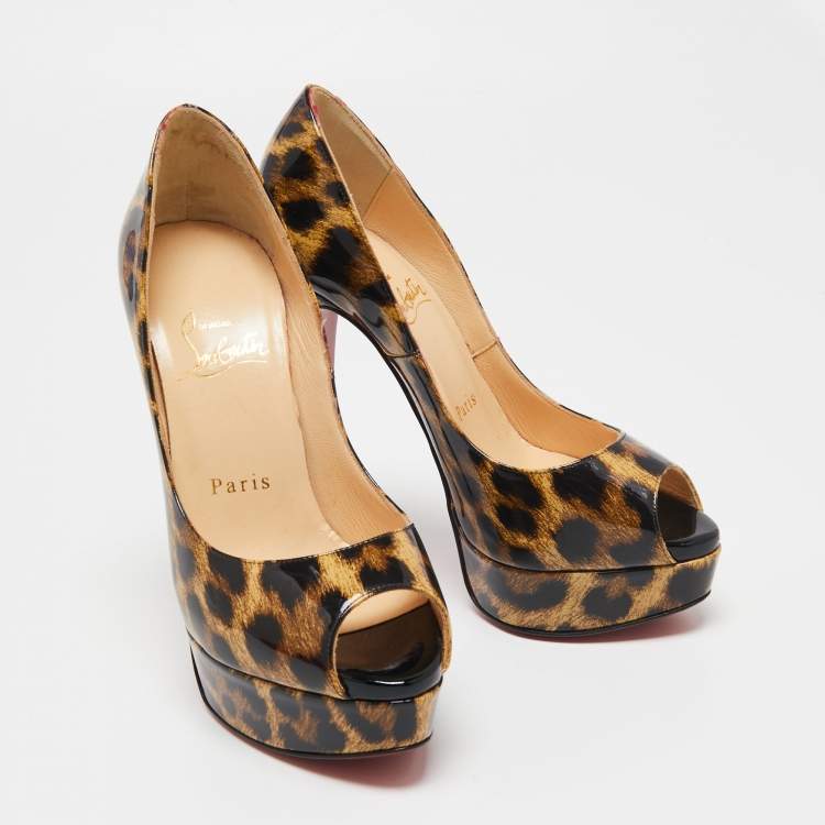 Pre Owned Christian Louboutin Brown/Black Leopard Print Patent Leather Lady Peep Platform Pumps Size 35.5