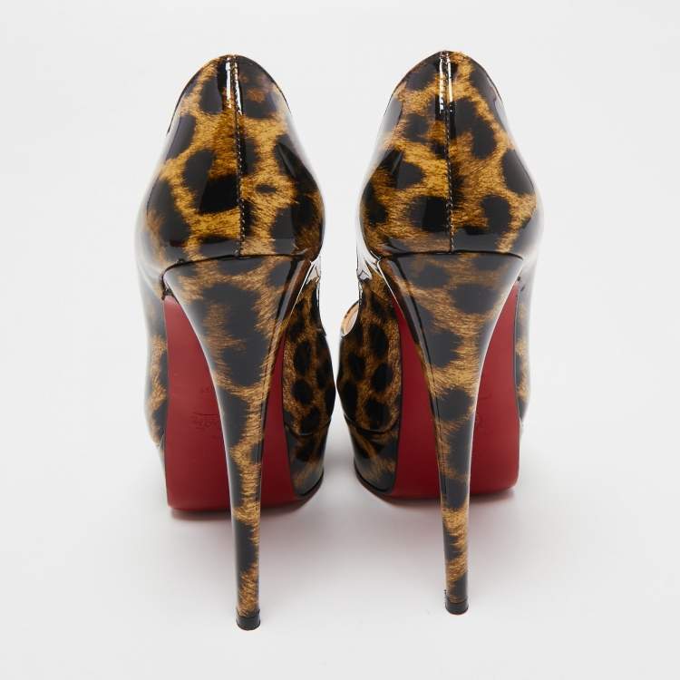 Pre Owned Christian Louboutin Brown/Black Leopard Print Patent Leather Lady Peep Platform Pumps Size 35.5