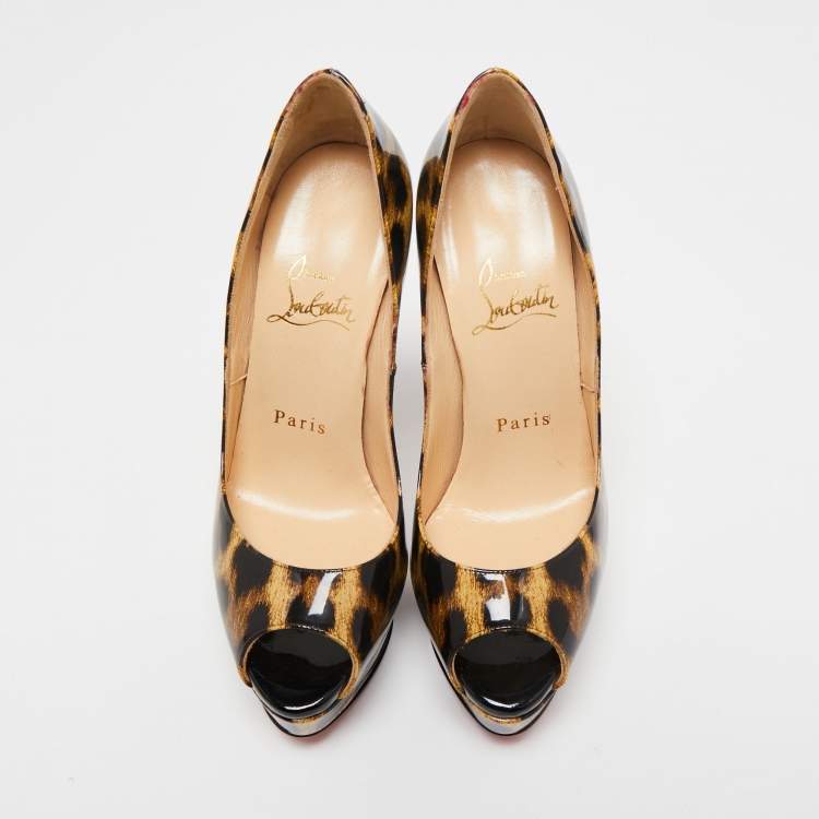Pre Owned Christian Louboutin Brown/Black Leopard Print Patent Leather Lady Peep Platform Pumps Size 35.5