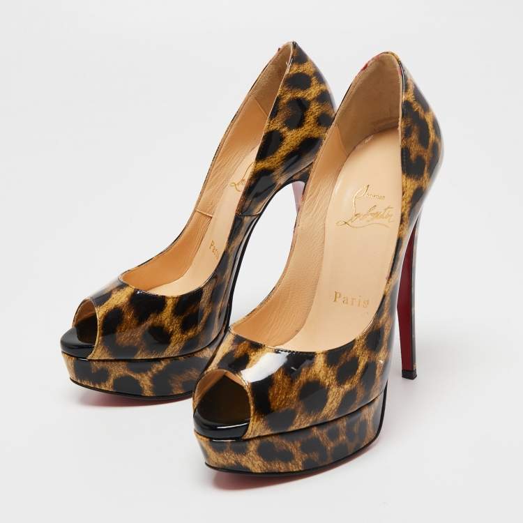 Pre Owned Christian Louboutin Brown/Black Leopard Print Patent Leather Lady Peep Platform Pumps Size 35.5
