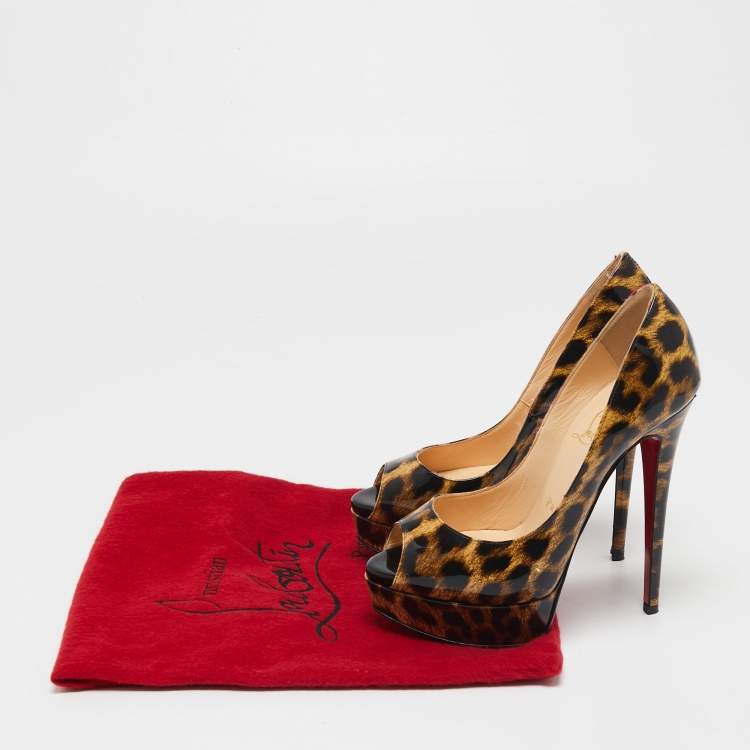 Pre Owned Christian Louboutin Brown/Black Leopard Print Patent Leather Lady Peep Platform Pumps Size 35.5