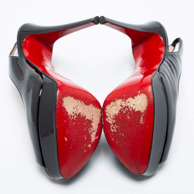 Pre Owned Christian Louboutin Black Patent Leather Lady Peep Toe Platform Pumps Size 38