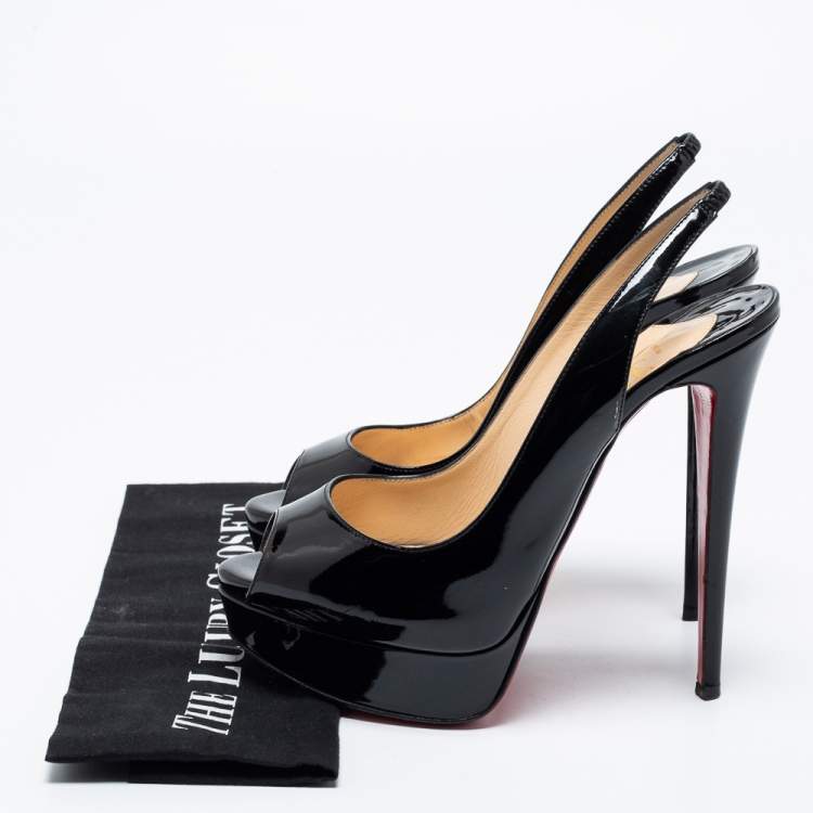 Pre Owned Christian Louboutin Black Patent Leather Lady Peep Toe Platform Pumps Size 38