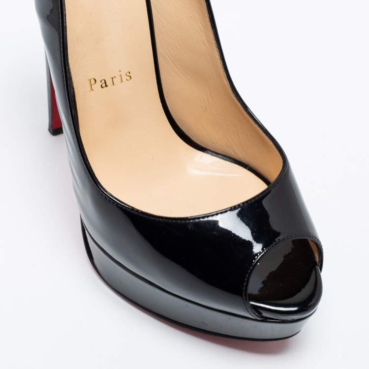Pre Owned Christian Louboutin Black Patent Leather Lady Peep Toe Platform Pumps Size 38