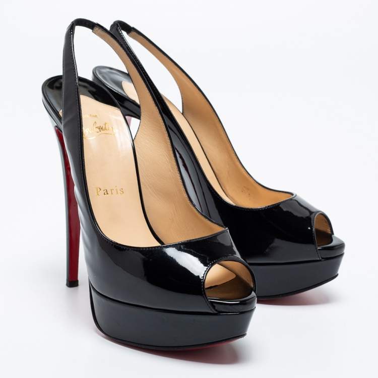 Pre Owned Christian Louboutin Black Patent Leather Lady Peep Toe Platform Pumps Size 38