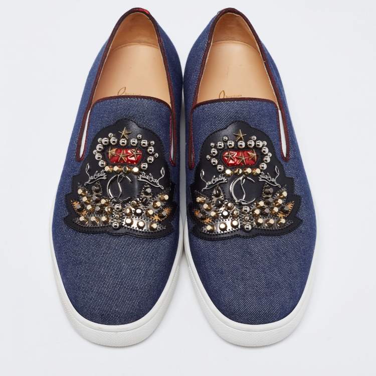 مملوكة مسبقًا Christian Louboutin Blue Denim Embellished Slip-On Sneakers Size 39