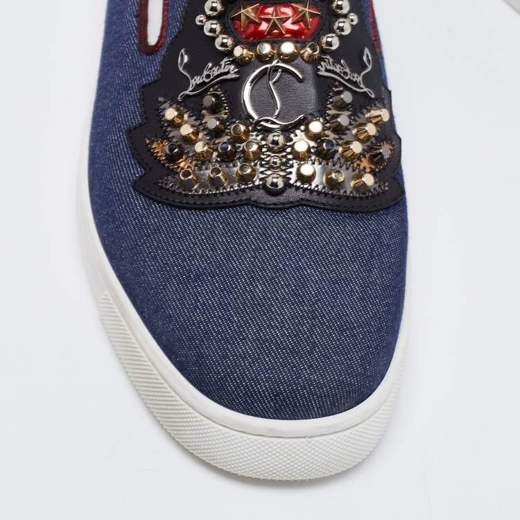 مملوكة مسبقًا Christian Louboutin Blue Denim Embellished Slip-On Sneakers Size 39