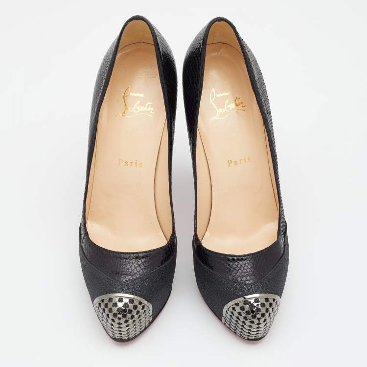 Pre Owned Christian Louboutin Black Snakeskin And Glitter Fabric Maggie Embellished Cap Toe Platform Pumps Size 39