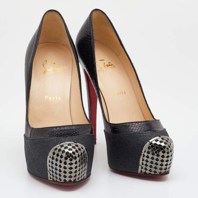 Pre Owned Christian Louboutin Black Snakeskin And Glitter Fabric Maggie Embellished Cap Toe Platform Pumps Size 39