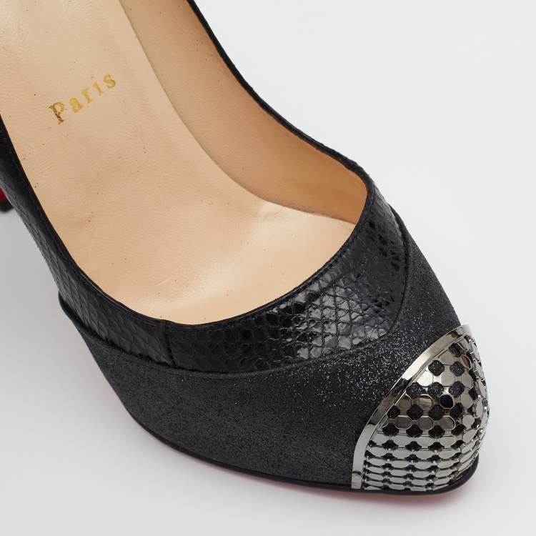 Pre Owned Christian Louboutin Black Snakeskin And Glitter Fabric Maggie Embellished Cap Toe Platform Pumps Size 39