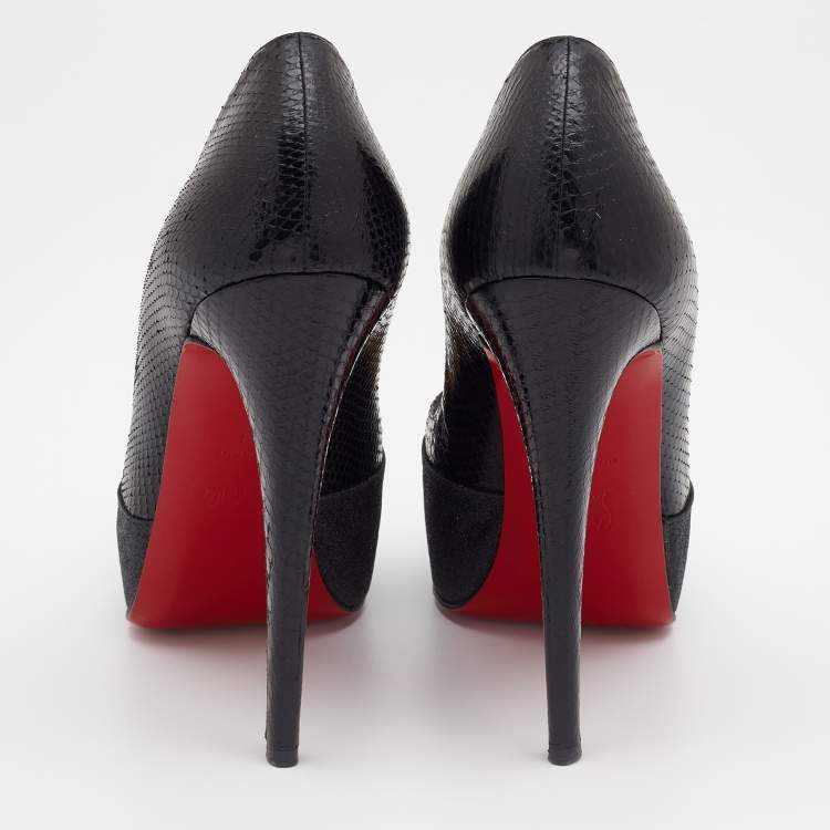 Pre Owned Christian Louboutin Black Snakeskin And Glitter Fabric Maggie Embellished Cap Toe Platform Pumps Size 39