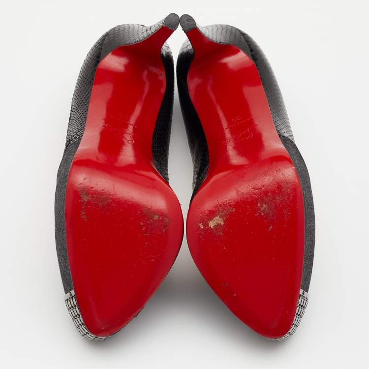 Pre Owned Christian Louboutin Black Snakeskin And Glitter Fabric Maggie Embellished Cap Toe Platform Pumps Size 39