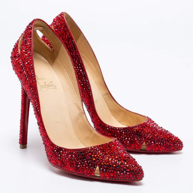 Pre Owned Christian Louboutin Red Cut-Out Leather Strass Degrade Pumps Size 37
