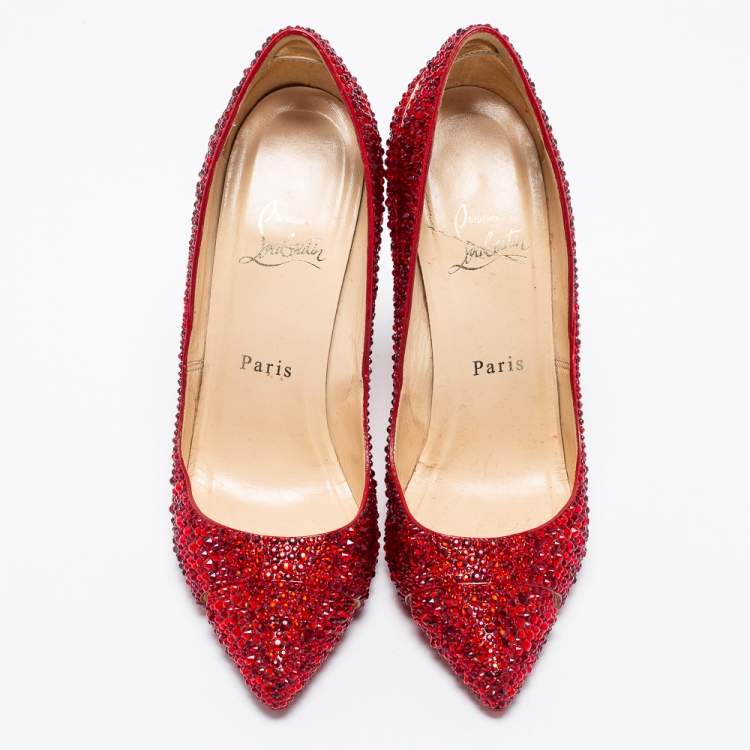 Pre Owned Christian Louboutin Red Cut-Out Leather Strass Degrade Pumps Size 37