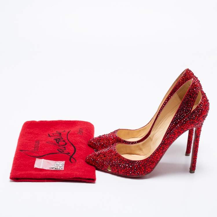 Pre Owned Christian Louboutin Red Cut-Out Leather Strass Degrade Pumps Size 37