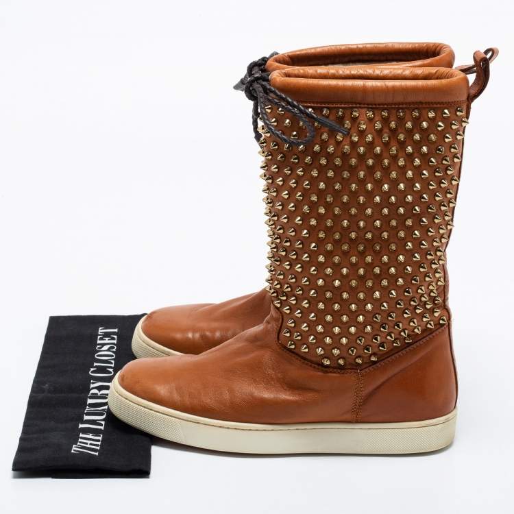 Pre Owned Christian Louboutin Tan Leather Surlapony Spikes Mid Calf Sneaker Boots Size 38