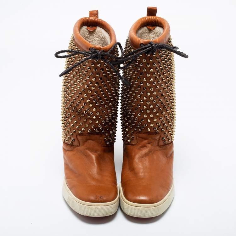 Pre Owned Christian Louboutin Tan Leather Surlapony Spikes Mid Calf Sneaker Boots Size 38