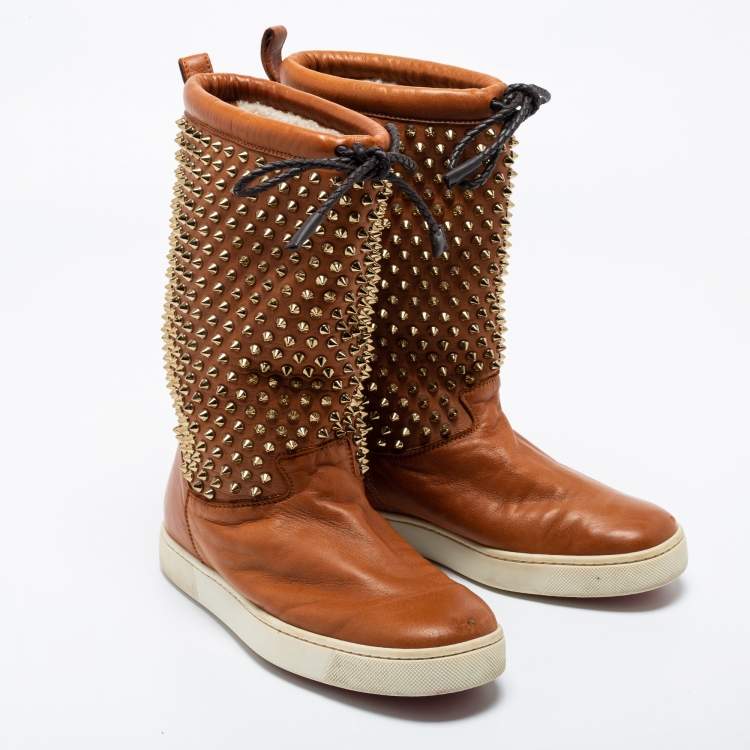 Pre Owned Christian Louboutin Tan Leather Surlapony Spikes Mid Calf Sneaker Boots Size 38