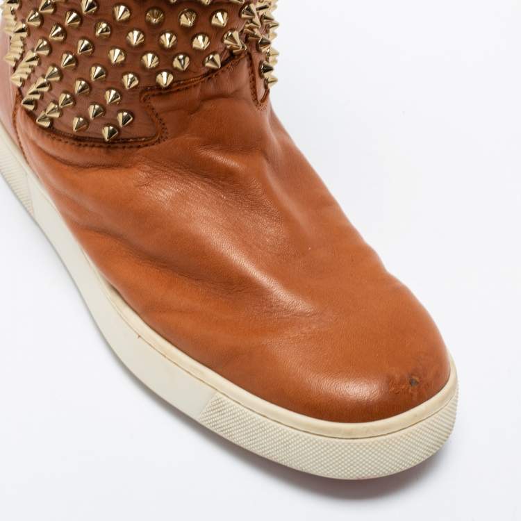 Pre Owned Christian Louboutin Tan Leather Surlapony Spikes Mid Calf Sneaker Boots Size 38