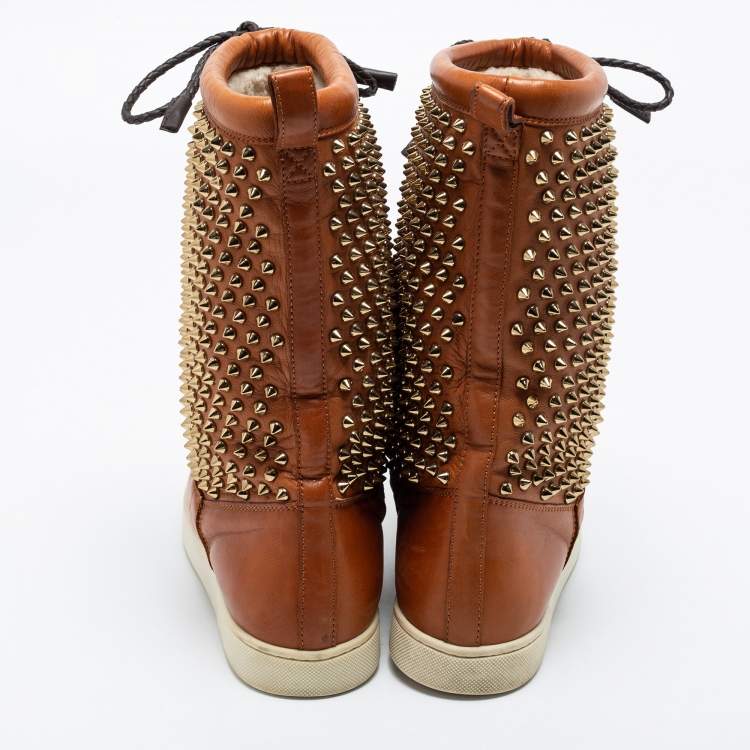 Pre Owned Christian Louboutin Tan Leather Surlapony Spikes Mid Calf Sneaker Boots Size 38