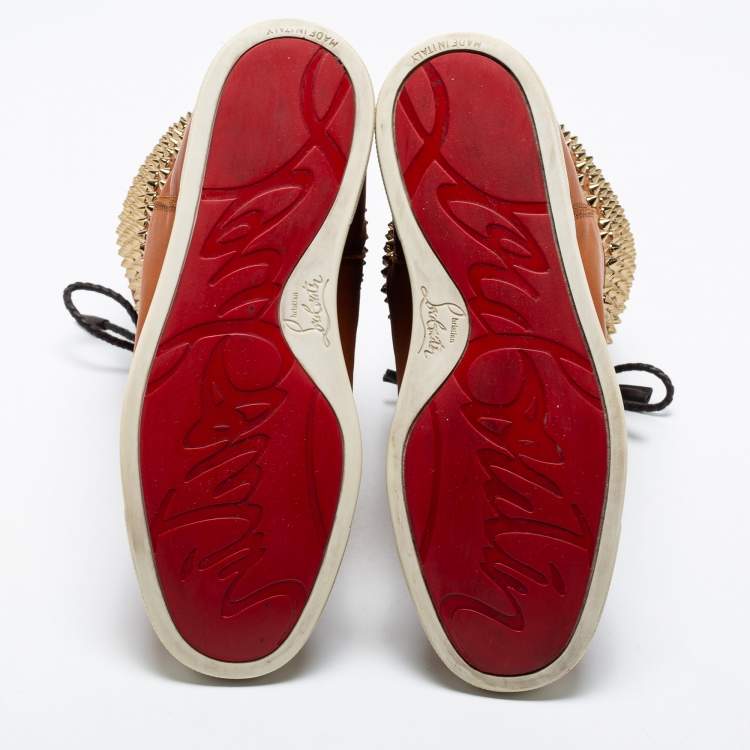 Pre Owned Christian Louboutin Tan Leather Surlapony Spikes Mid Calf Sneaker Boots Size 38